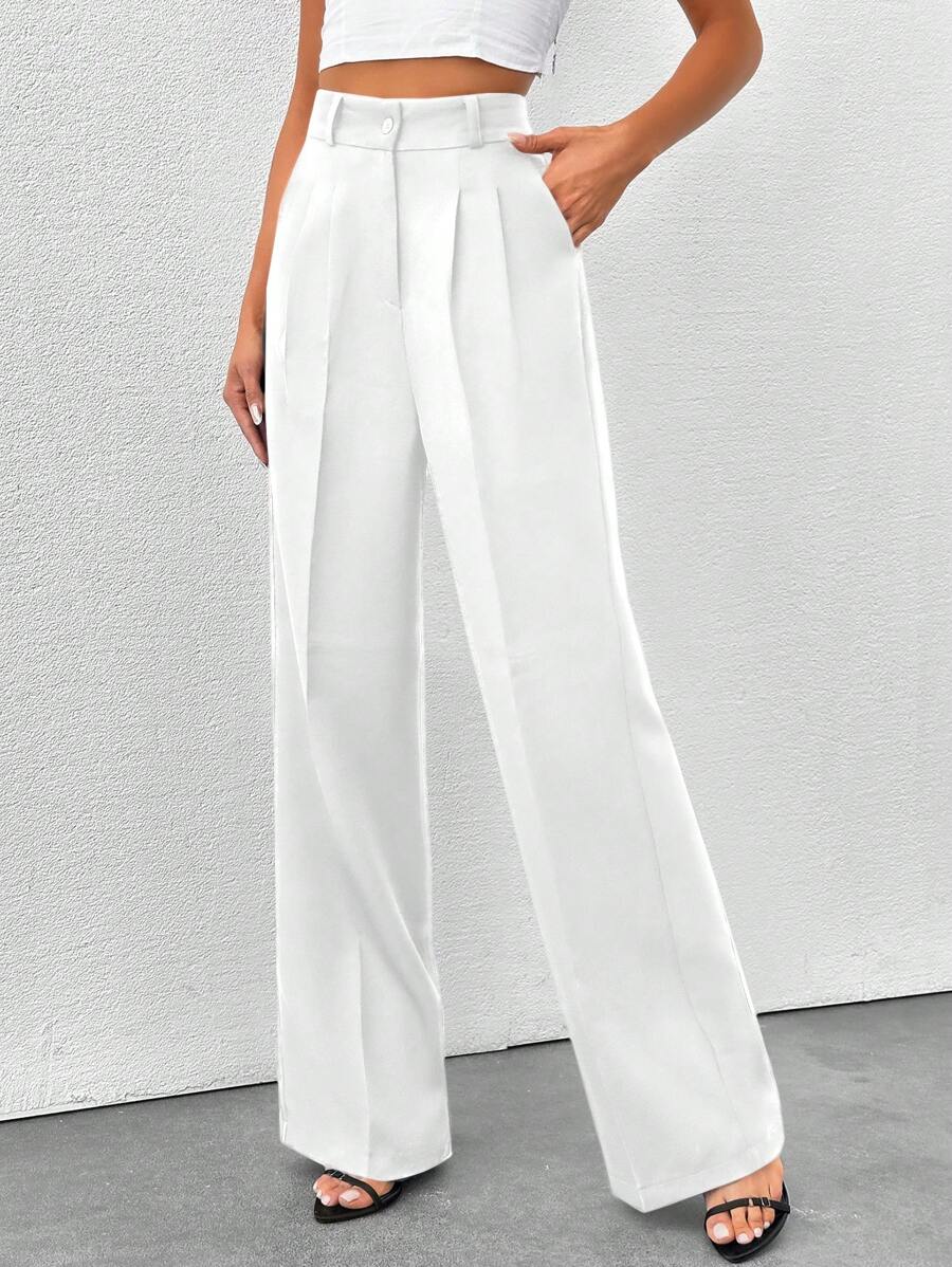 SHEIN Tall 高腰女式纯色阔腿裤 - 白色 - View 1