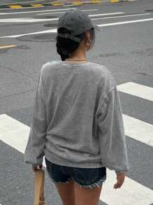 Muchica Knitted Women's Embroidered Retro Long Sleeve Round Neck T-Shirt - Light Grey - View 2