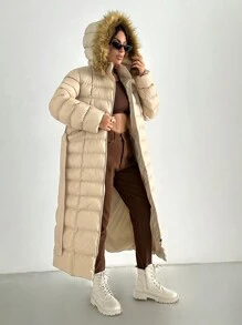 EURMUSE Rust Brown Long Winter Coat With Fur Detail - Beige - View 1