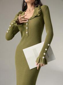 Modelyn Casual Daily Ruffle Ribbed Knit Mermaid Hem Sweater Dress, Autumn/Winter - Army Green - View 3