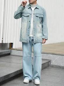 Manfinity Homme Men's Casual Loose Denim Jacket With Single-Breasted Button, Autumn - Blue - View 1