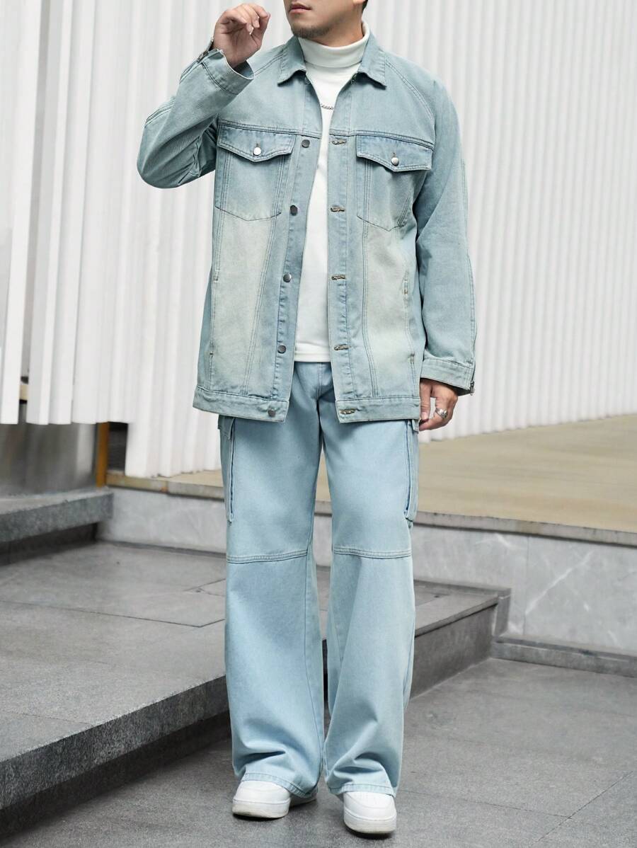 Manfinity Homme Men's Casual Loose Denim Jacket With Single-Breasted Button, Autumn - Blue - View 1