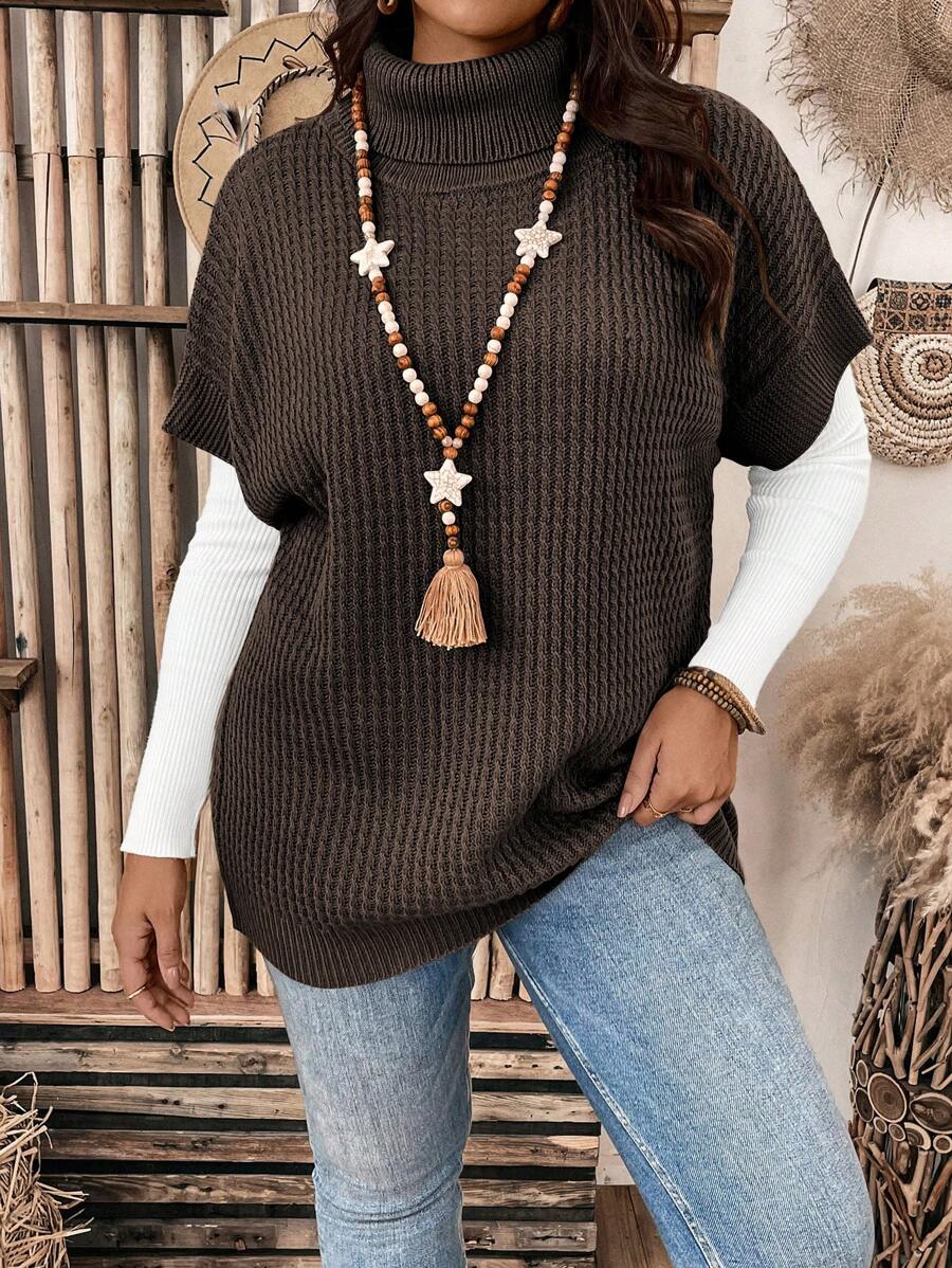 SHEIN LUNE 大码女式纯色高领蝙蝠袖短袖休闲针织上衣，秋冬 - 咖啡棕 - 查看 1