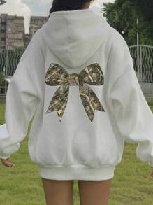 SHEIN Thiết kế nơ ngụy trang phong cách đường phố cổ điển, áo nỉ dày dài tay có mũ trùm đầu thường ngày cho bé gái bằng vải tuýt phù hợp cho mùa thu/đông, MẶT SAU QUẦN ÁO - trắng - Xem 3