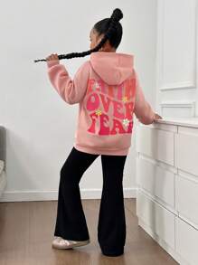 SHEIN Tween Girl Casual Hoodie Top With Daisy Slogan Print & Flared Pants Set - Pink - View 1