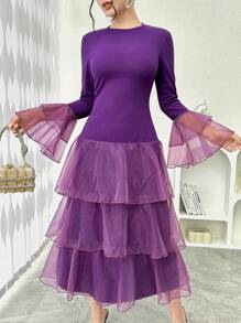 Modelyn 优雅女士荷叶边下摆欧根纱修身派对礼服长款晚礼服 - 紫色 - 查看 6