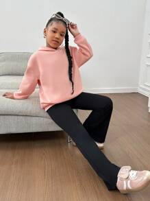 SHEIN Tween Girl Casual Hoodie Top With Daisy Slogan Print & Flared Pants Set - Pink - View 5