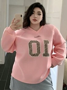 Dazy Plus Women's Autumn Raglan Sleeve V-Neck Leopard Print Number Patchwork Loose Sweatshirt Cheetah Print,Fall Women Clothes - Pink - View 1