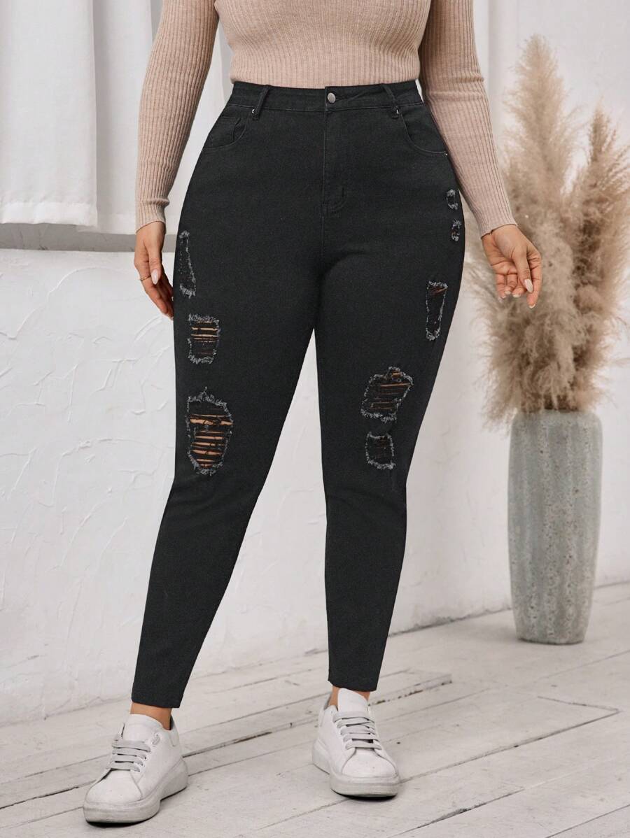 SHEIN LUNE Jeans in Große Größen, Lässig, einfarbig, Used-Optik, enge Passform