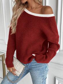 EMERY ROSE New Loose Fit Casual Knitted Sweater, Oversized European And American Style Fashion Soft Pullover For Women, Autumn/Winter Bow Tie For New Year Fall - Red - View 2
