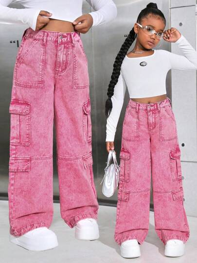 SHEIN Tween Girls Y2K rosa stentvättad hög midja med klaffficka Baggy raka ben Cargo-jeans