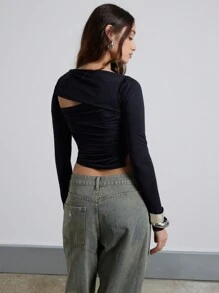 AiiRZ Draped Layered Cut-Out Asymmetrical Neckline Long Sleeve Cropped Top - Black - View 2