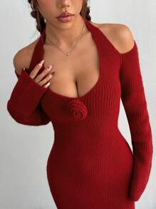 Flirla Váy len dệt kim cổ lọ thường ngày, thanh lịch và gợi cảm, mùa thu/đông - Đỏ - Xem 5