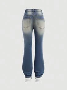 SHEIN 少女Y2K复古水洗翻盖口袋喇叭牛仔裤，秋季镂空街头服饰 - 中等水洗藍 - 查看 2