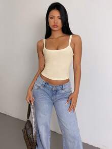 SHEIN SXY 女士纯色细肩带简约背心休闲日常穿着 - 米色 - 查看 5