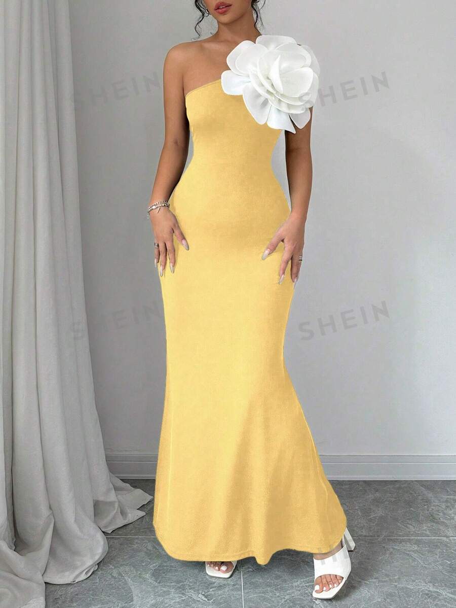 Elenzga Vestido sin mangas de unicolor con cuello asimétrico y flor decorativa, vestido elegante de verano para mujeres