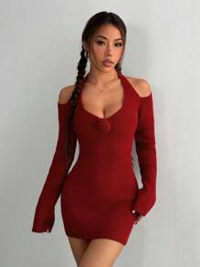 Flirla Váy len dệt kim cổ lọ thường ngày, thanh lịch và gợi cảm, mùa thu/đông - Đỏ - Xem 4