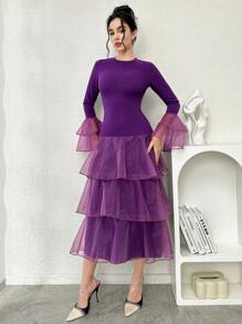 Modelyn 优雅女士荷叶边下摆欧根纱修身派对礼服长款晚礼服 - 紫色 - 查看 5