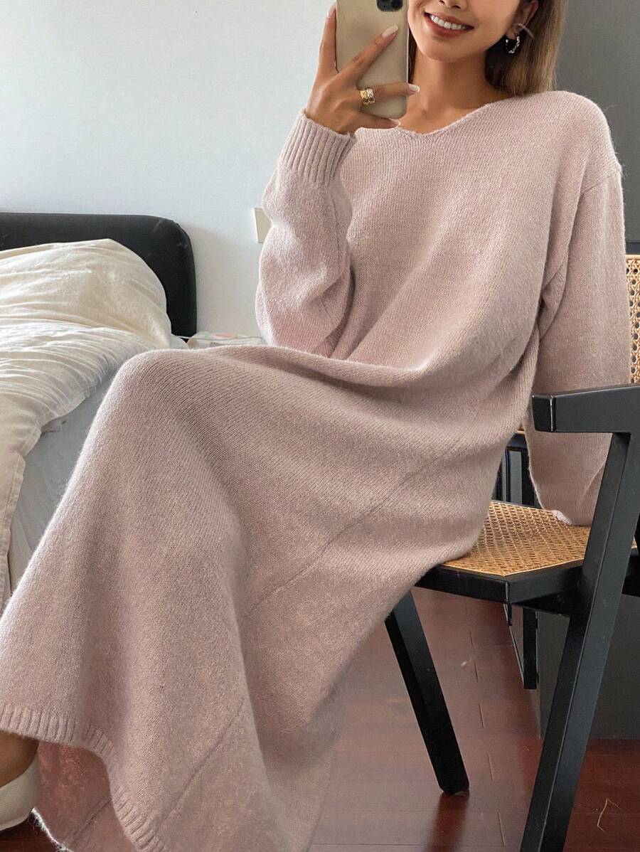 DAZY 女士休闲纯色宽松毛衣连衣裙秋冬季 - 粉色 - 查看 1