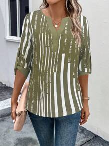 SHEIN LUNE Women Casual Contrast Color Notched Neck Blouse, Suitable For Autumn - Army Green - View 4