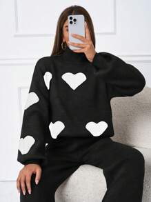 SHEIN Tall 2pcs/Set Casual Heart Pattern High Neck Sweater - Black - View 5
