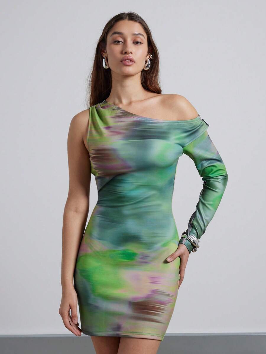 AiiRZ Watercolour Abstract Print Asymmetrical Drape Cowl Neck Fitted Bodycon Mini Dress - Army Green - View 1