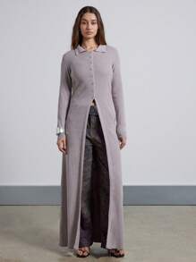 AiiRZ Luxurious Ribbed Maxi Cardigan With Mongolian Lamb Fur Collar Winter Elegant Button Front Long Sweater Cozy Layering Knitwear - Grey - View 4