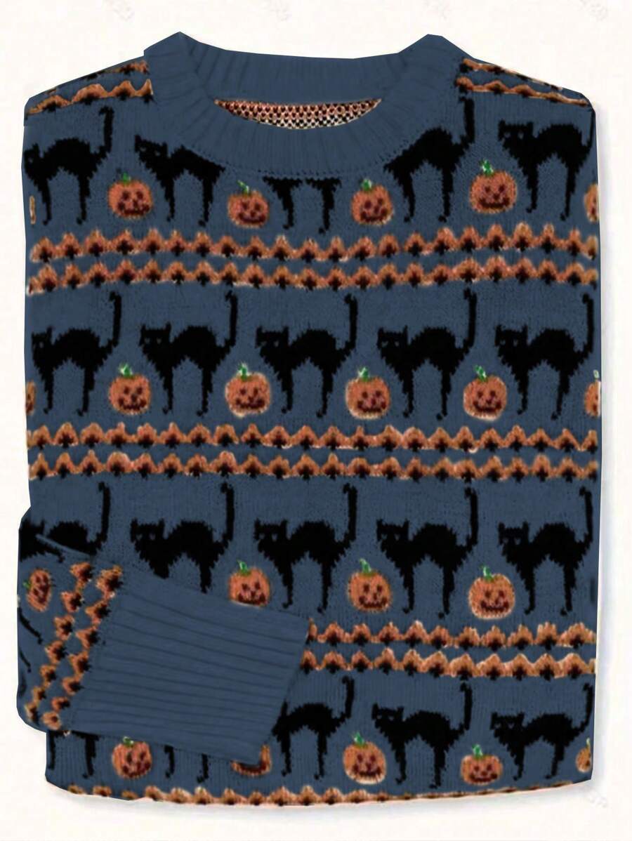 Chiquease New Arrival Retro Elegant Crew Neck Halloween Pumpkin Pattern Long Sleeve Knitted Sweater Fall Winter - Navy Blue - View 1