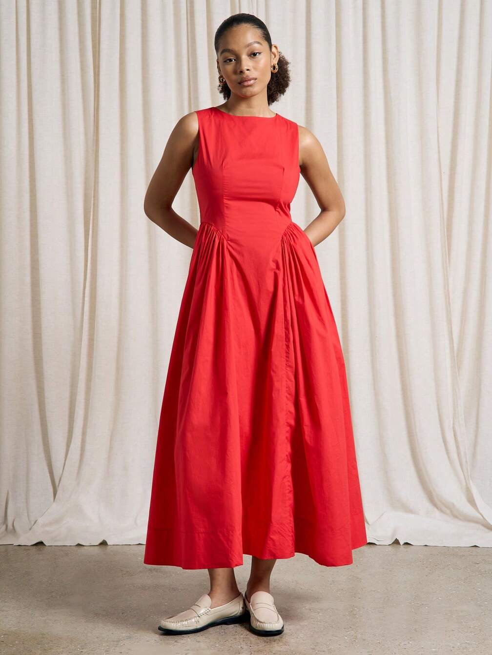 missguided red milkmaid dress AiiRZ Boat Neck Sleeveless Pleated Milkmaid Midi Dress,XS