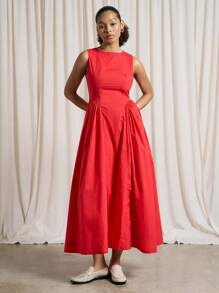 AiiRZ Robe mi-longue avec plis à encolure bateau et sans manches - Rouge - Voir 1