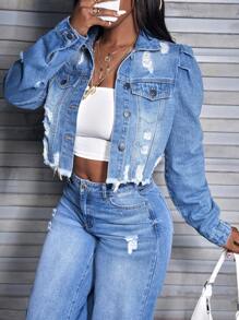 SHEIN Slayr Long Sleeve Denim Jacket, Spring Autumn New Casual Ripped Blue Women Coat - Blue - View 7