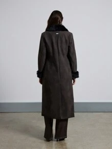 AiiRZ Winter Fur Trim Long Maxi Coat Thick Suede Fabric Soft Plush Collar Full Length Dressy Holiday Season Outerwear Warm Cozy Luxury