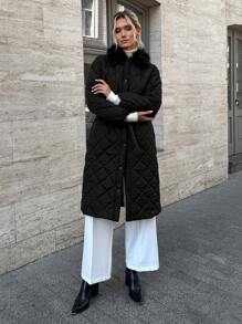 EURMUSE Women's Solid Longline Quilted Jacket With Zip Up And Fur Collar - Black - View 7