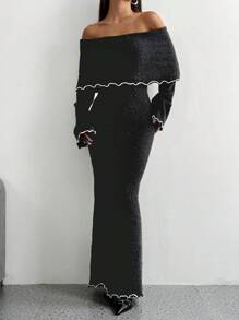 Chiquease 女式露肩珍珠纹理喇叭袖紧身毛衣连衣裙