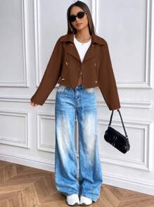 SHEIN Unity 女士休闲宽松短款流苏风衣，杏色 - 咖啡棕 - 查看 4