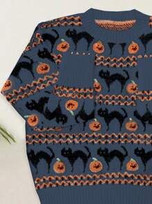 Chiquease New Arrival Retro Elegant Crew Neck Halloween Pumpkin Pattern Long Sleeve Knitted Sweater Fall Winter - Navy Blue - View 4