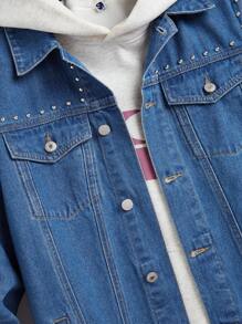 Manfinity Homme Jaket Denim Polos Kasual Longgar Pria dengan Dekorasi Mutiara, Musim Gugur, Untuk Liburan - Biru - View 4