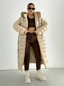 EURMUSE Rust Brown Long Winter Coat With Fur Detail - Beige - View 3