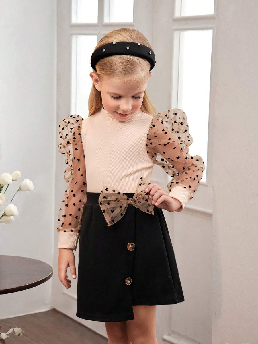 SHEIN Young Girl Contrast Dobby Mesh Puff Sleeve Top & Bow Front Skirt - Multicolor - View 1