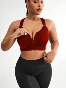 Plus Size Sports Racerback Bra With Adjustable Hook-And-Loop Shoulder Straps, Front Zipper Closure, High Support,With Sewn-In Pads,Non-Removable Pads For Women High Support Racerback,Workout, Yoga, Running For Chinese New Year