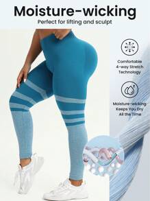 SHEIN Sport Studio Plus Size Women Striped High Waist Casual Workout Leggings