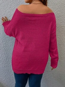 Calvaya Plus Size Women Casual Solid Color Off Shoulder Loose Sweater Knit Pullover Fall Winter - Hot Pink - View 2