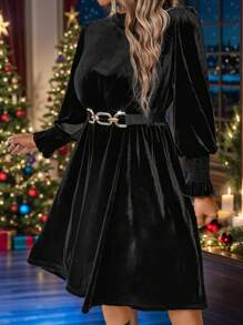 SHEIN Clasi Rochie cu mâneci bufante, cu mâneci bufante, cu decor în talie, elegantă, de dimensiuni mari, toamnă - Negru - Vizualizare 8