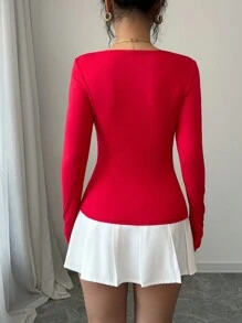 Chiquease Women's Casual Front Tie Long Sleeve Square Neck T-Shirt, Autumn - Multicolor - View 2