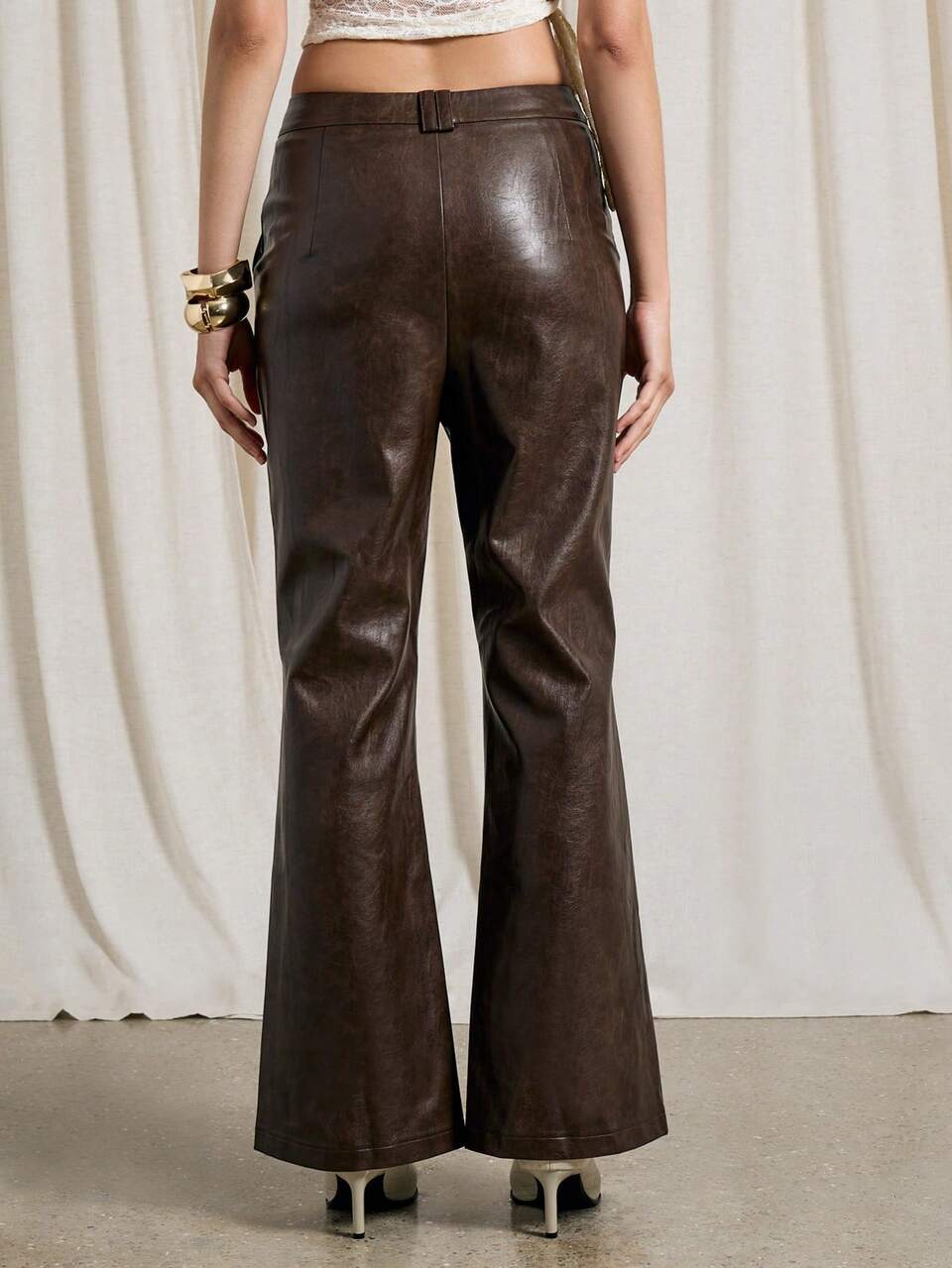 AiiRZ Faux Leather Mid-Rise Seam Detail Flared Pants