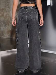 SHEIN Quần jeans ống rộng cạp thấp xếp ly, kiểu cargo, phong cách Y2K dành cho nữ tuổi teen, chất liệu wash đá, có túi nắp, thích hợp cho thời trang đường phố thu đông. - màu đen - Xem 2