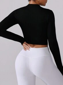 SHEIN Sports 正面全拉链纯色长袖休闲运动夹克，无缝设计 - 黑色 - 查看 8