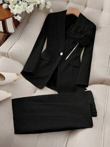 SHEIN Clasi 2 件套女士简约优雅立领单扣西装外套和裤子套装，办公室通勤装 - 黑色 - 查看 1