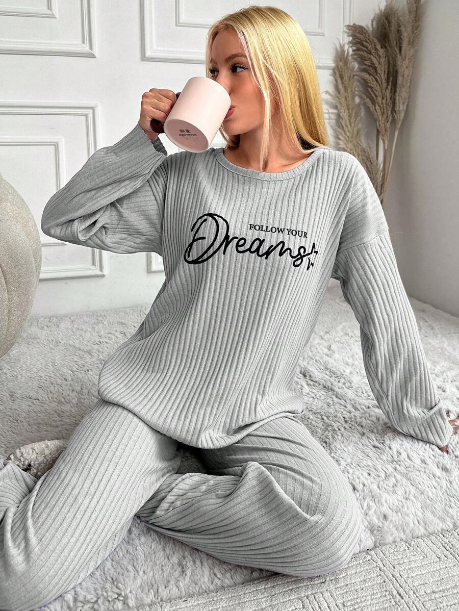 EURMUSE Women Letter Print Drop Shoulder Long Sleeve Top And Pant Pajama Set - Grey - View 1