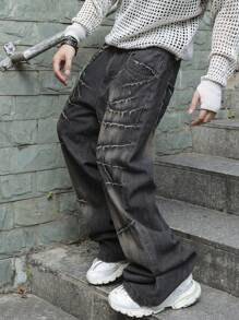 Manfinity Roghcode Quần Jeans Ống Rộng Dáng Rộng Phong Cách Đường Phố Thời Trang Cho Nam, Không Có Dây Xích, Quần Jeans Cargo Màu Xám Đậm, Dài Trơn, Rộng Rãi, Dành Cho Chồng, Quà Tặng Bạn Trai - Xám - Xem 8